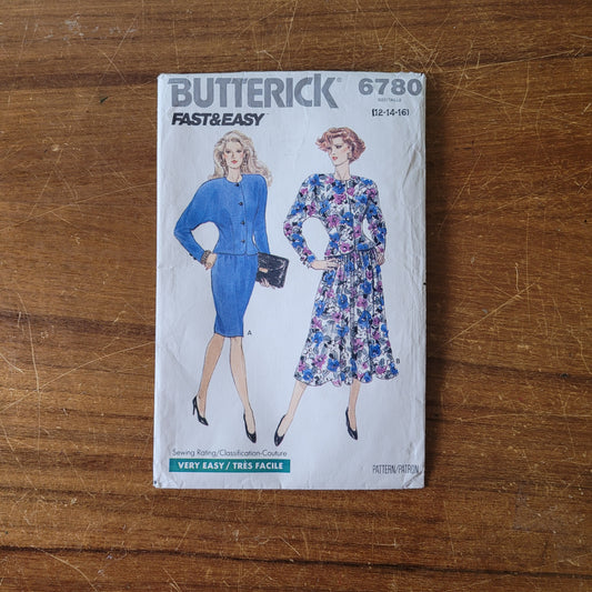 Uncut 1988 Butterick 6780 sewing pattern for misses' top & skirt, sizes 12-16 (see description below)