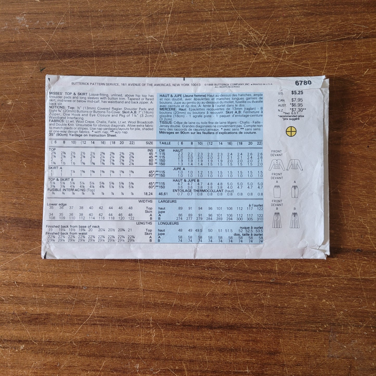 Uncut 1988 Butterick 6780 sewing pattern for misses' top & skirt, sizes 12-16 (see description below)