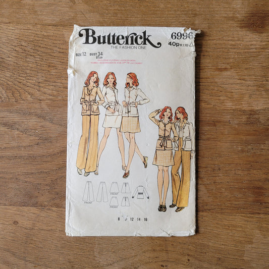 Part cut 1972 Butterick 6996 sewing pattern for misses' jacket, skirt & pants, size 12 (see description below)