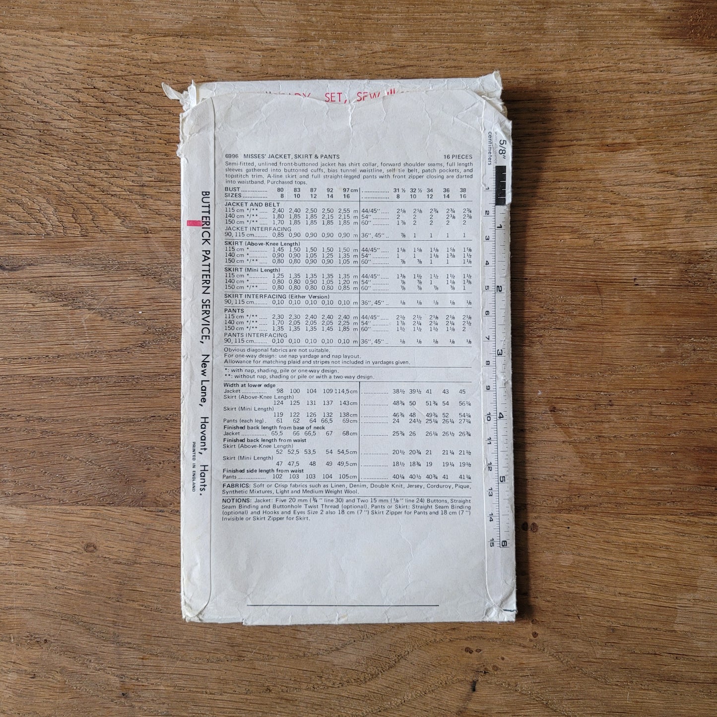 Part cut 1972 Butterick 6996 sewing pattern for misses' jacket, skirt & pants, size 12 (see description below)