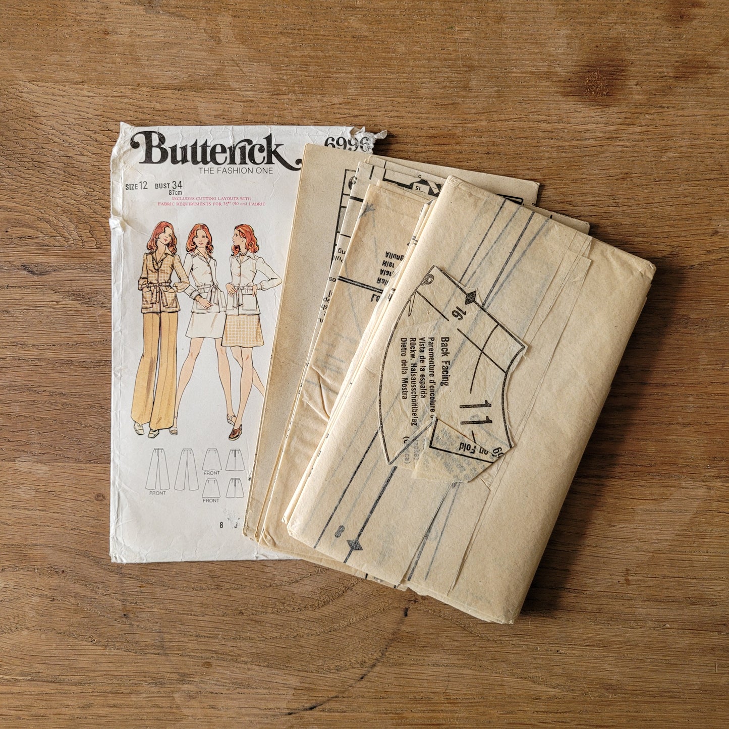 Part cut 1972 Butterick 6996 sewing pattern for misses' jacket, skirt & pants, size 12 (see description below)