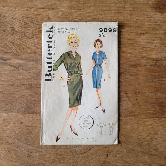 Used 1960s Butterick 9899 sewing pattern for misses' & women's sheath dress, size 16 (complete)