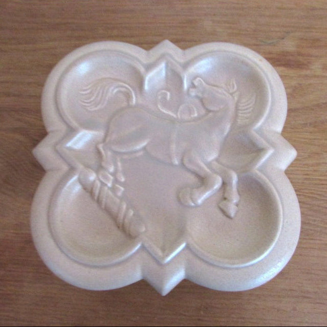 Distinctive Art Deco London Pottery embossed ceramic lidded box featuring a rearing horse/stallion motif