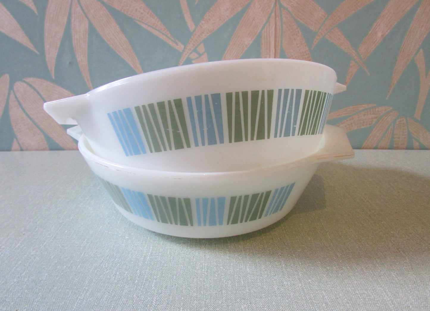 Pair of 1960s JAJ Pyrex "Matchmaker" casserole/serving dish, blue & green colourway