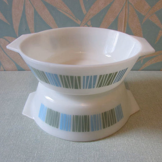 Pair of 1960s JAJ Pyrex "Matchmaker" casserole/serving dish, blue & green colourway