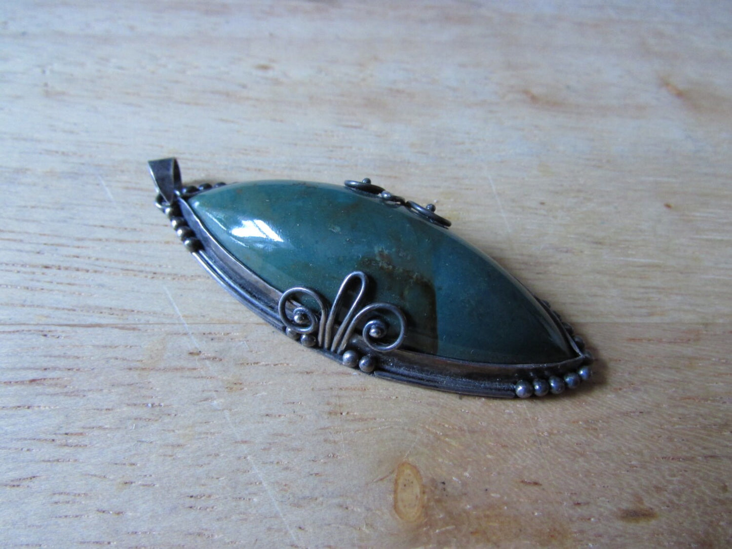 Large vintage silver-tone & green Amazonite stone pendant