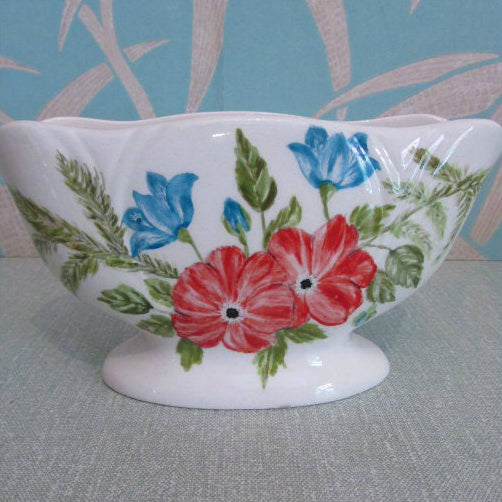 1977 hand-painted bluebird & floral ceramic posy bowl, signed F. Howarth