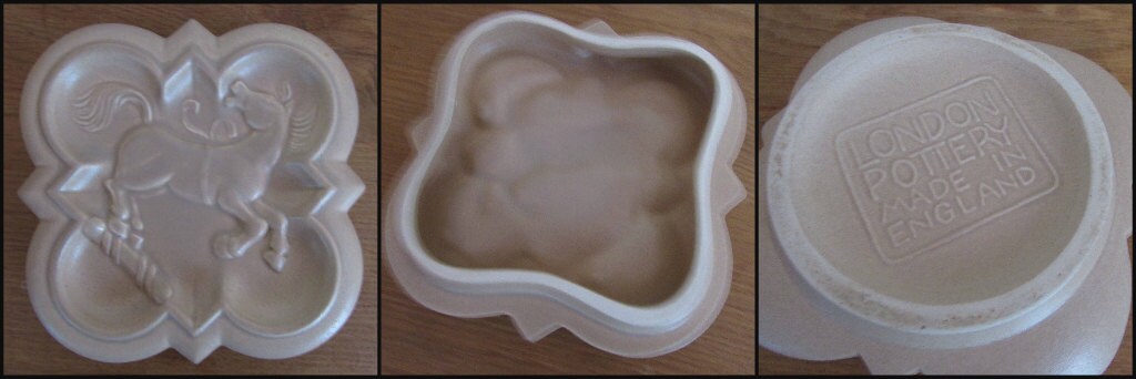 Distinctive Art Deco London Pottery embossed ceramic lidded box featuring a rearing horse/stallion motif