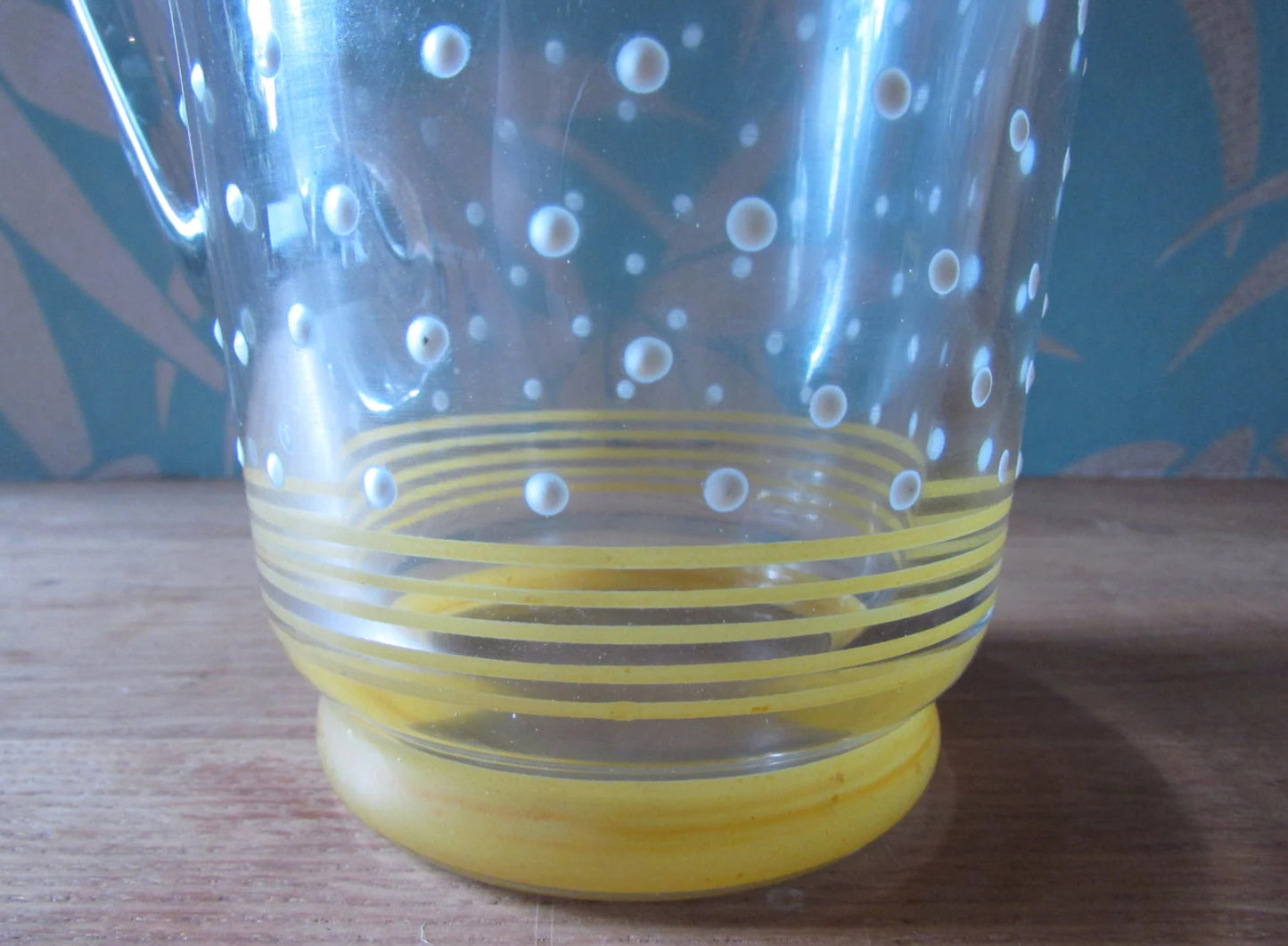 Mid-century textured heavy glass jug, yellow stripe detail