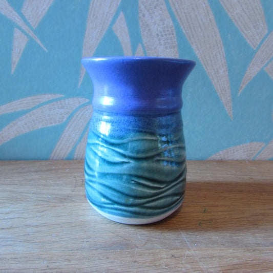 Vintage Studio Pottery tri-colour sea green & purple textured art vase, signed