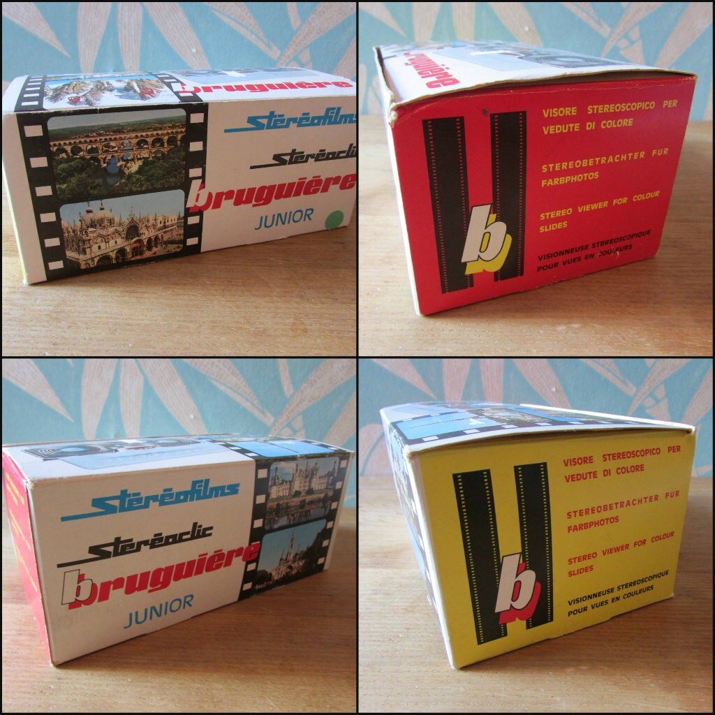 Vintage green plastic Bruguiere Junior stereoscope with 5 stereo cards & original packaging
