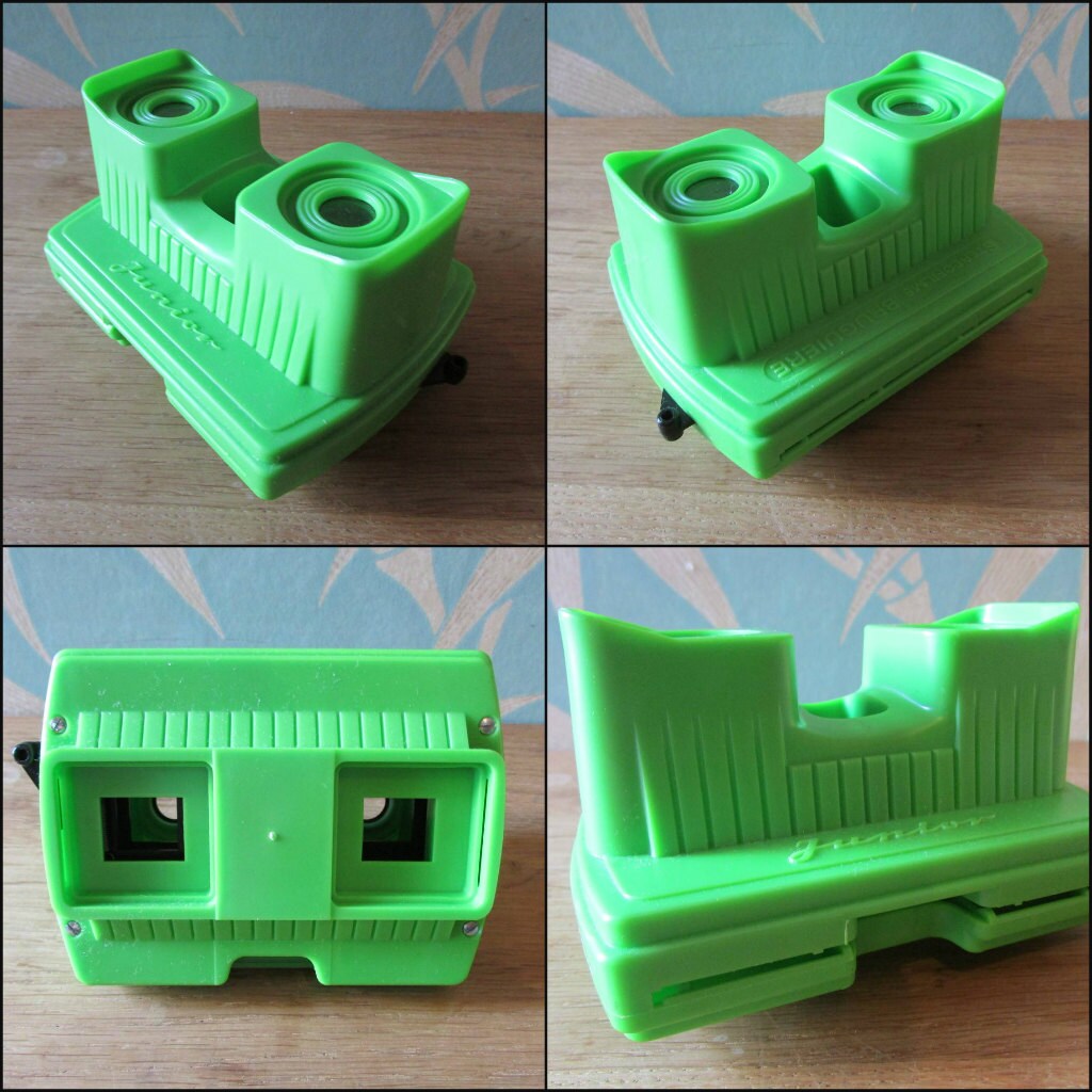 Vintage green plastic Bruguiere Junior stereoscope with 5 stereo cards & original packaging