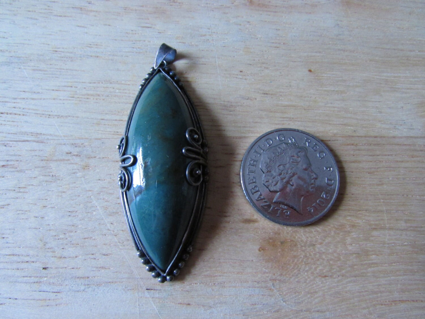 Large vintage silver-tone & green Amazonite stone pendant