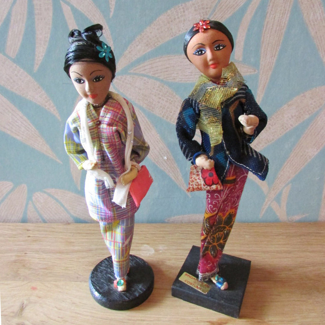 Pair of vintage Singaporean traditional costume souvenir/folk pose dolls