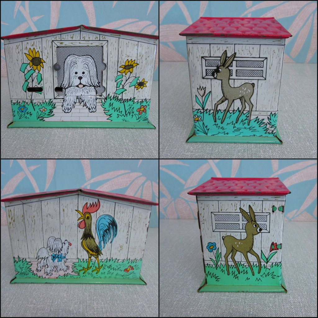 Cute 1950s tin mechanical coin bank/money box, made in Hungary