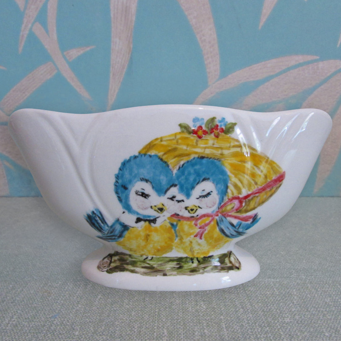 1977 hand-painted bluebird & floral ceramic posy bowl, signed F. Howarth