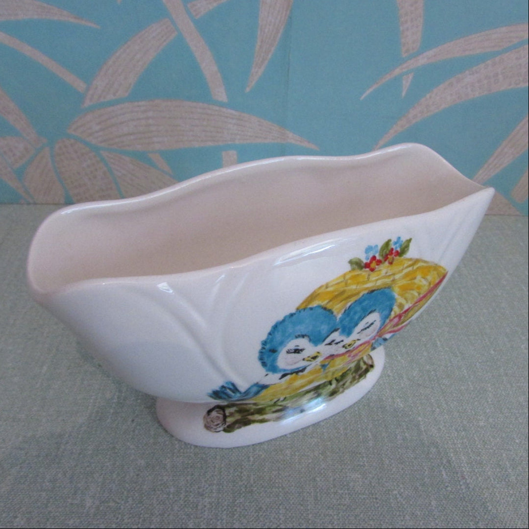 Cute 1977 handpainted posy bowl, bluebird & flower detail to either side, signed by artist