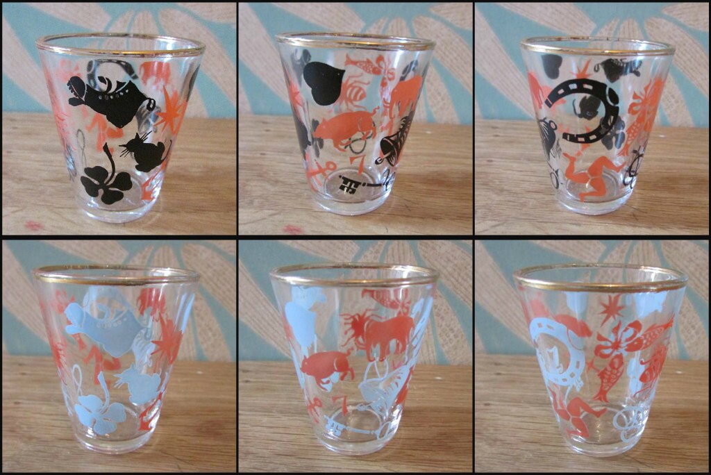 Set of 6 1950s "Lucky Charm" shot glasses/drinking set with 22ct liquid gold rim