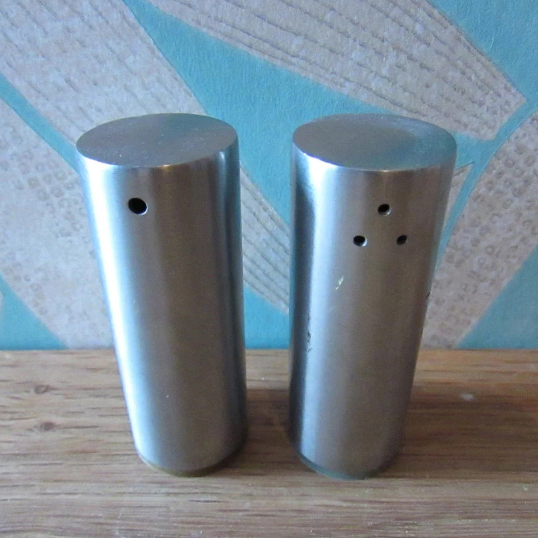 Vintage mini stainless steel pillar salt & pepper shakers