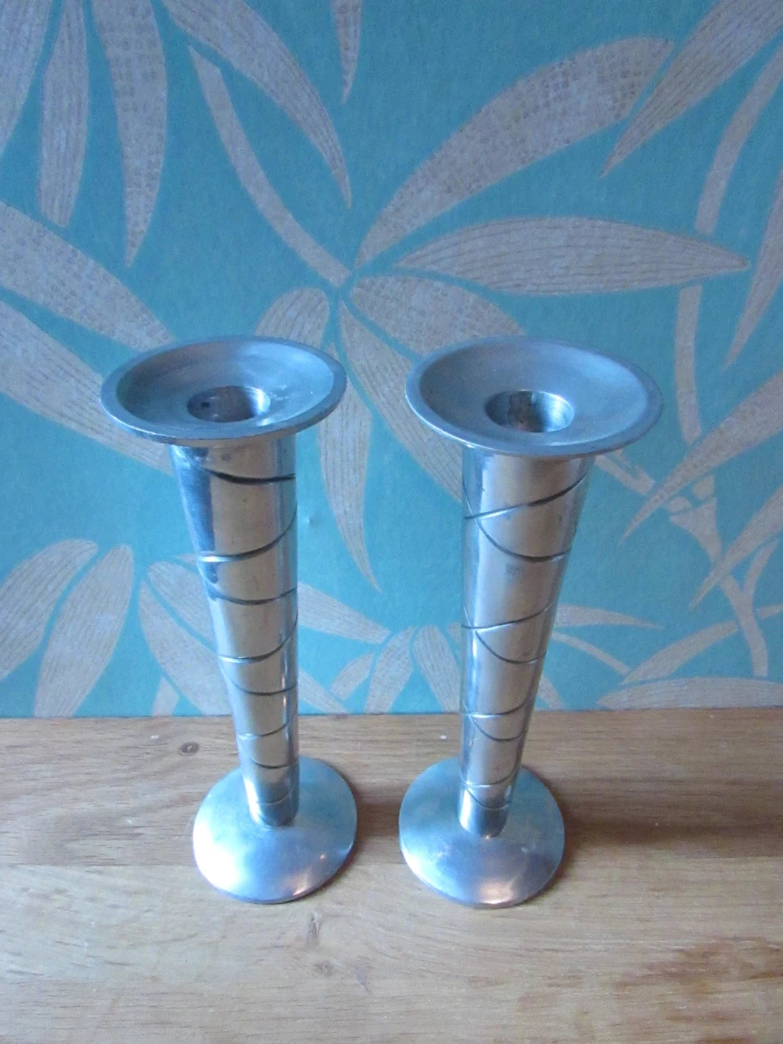 Pair of vintage modernist aluminium etched tall candlestick holders