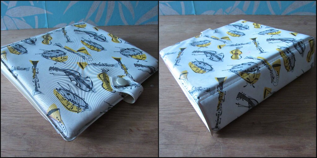 Set of 1950s hardcover vinyl record cases for LPs/12" & singles, fab musical instruments illustration