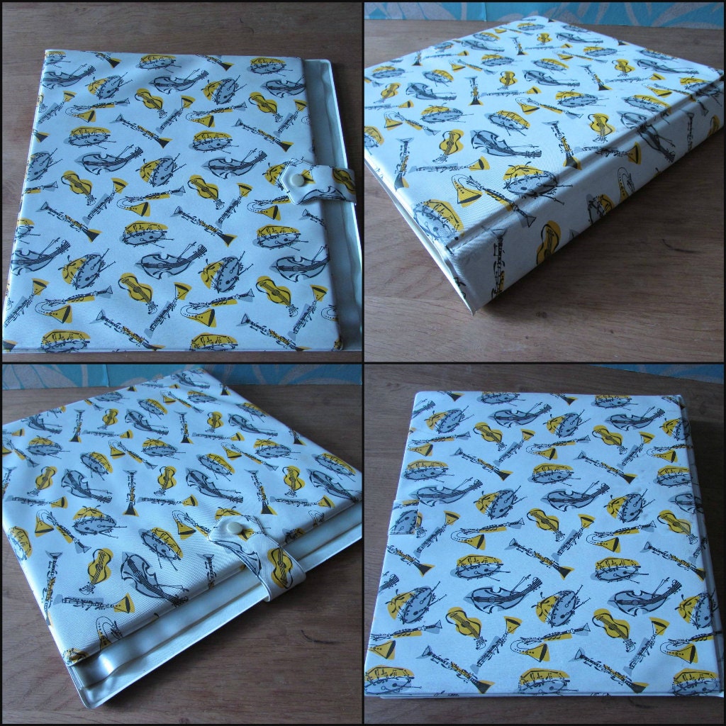 Set of 1950s hardcover vinyl record cases for LPs/12" & singles, fab musical instruments illustration