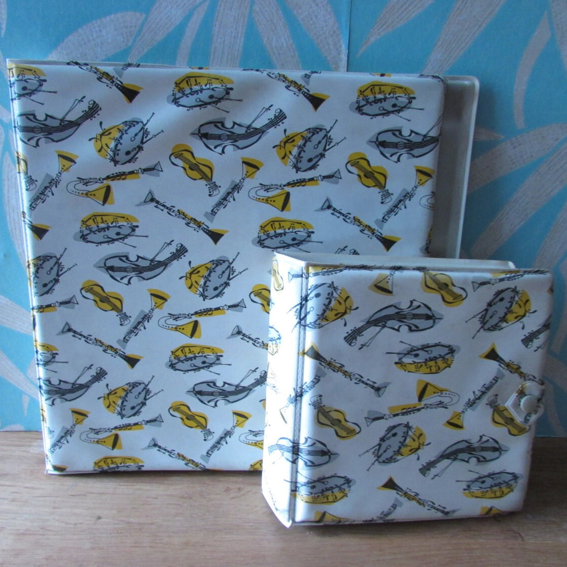 Set of 1950s hardcover vinyl record cases for LPs/12" & singles, fab musical instruments illustration
