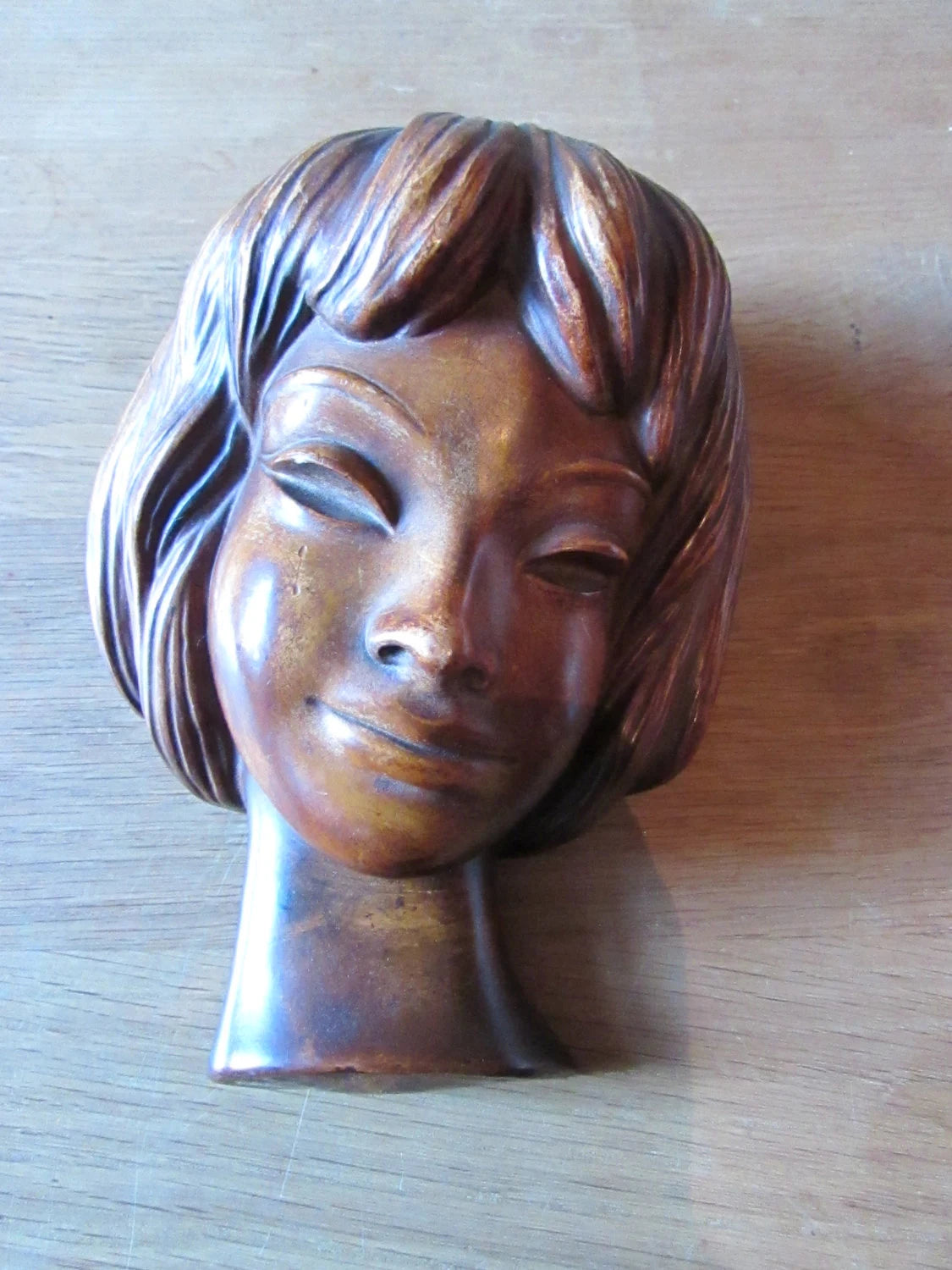 circa. 1960s heavy resin Achatit-style wall mask, smiling girl, made in Germany