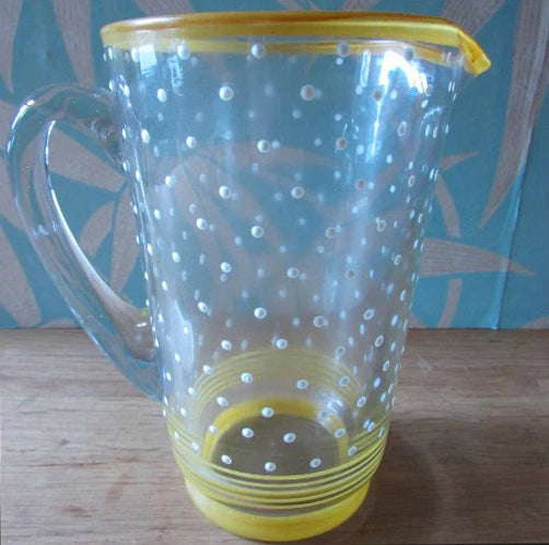 Mid-century textured heavy glass jug, yellow stripe detail