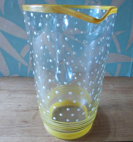 Mid-century textured heavy glass jug, yellow stripe detail