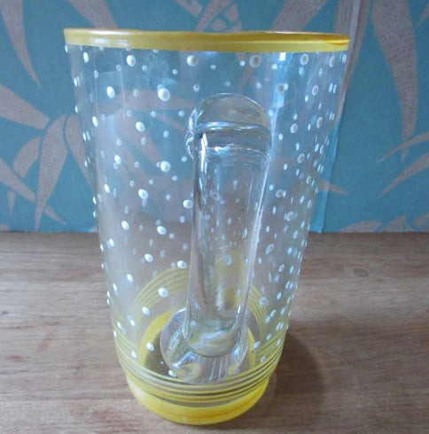 Mid-century textured heavy glass jug, yellow stripe detail