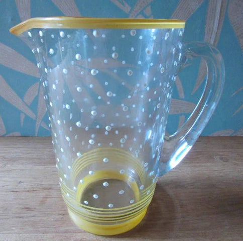 Mid-century textured heavy glass jug, yellow stripe detail