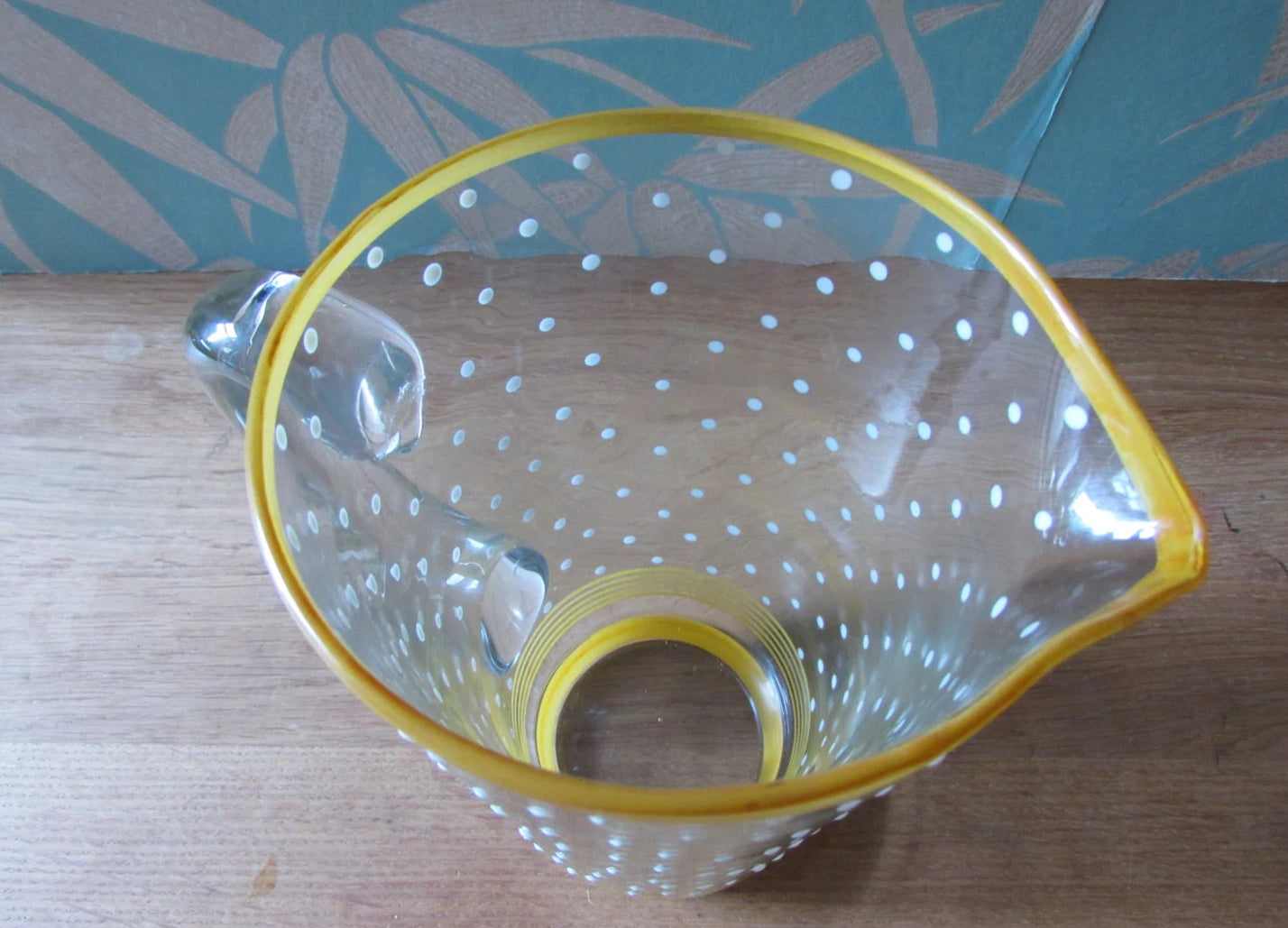 Mid-century textured heavy glass jug, yellow stripe detail