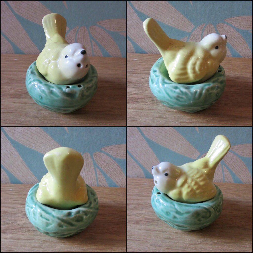 Vintage ceramic yellow bird/chick in nest salt & pepper duo