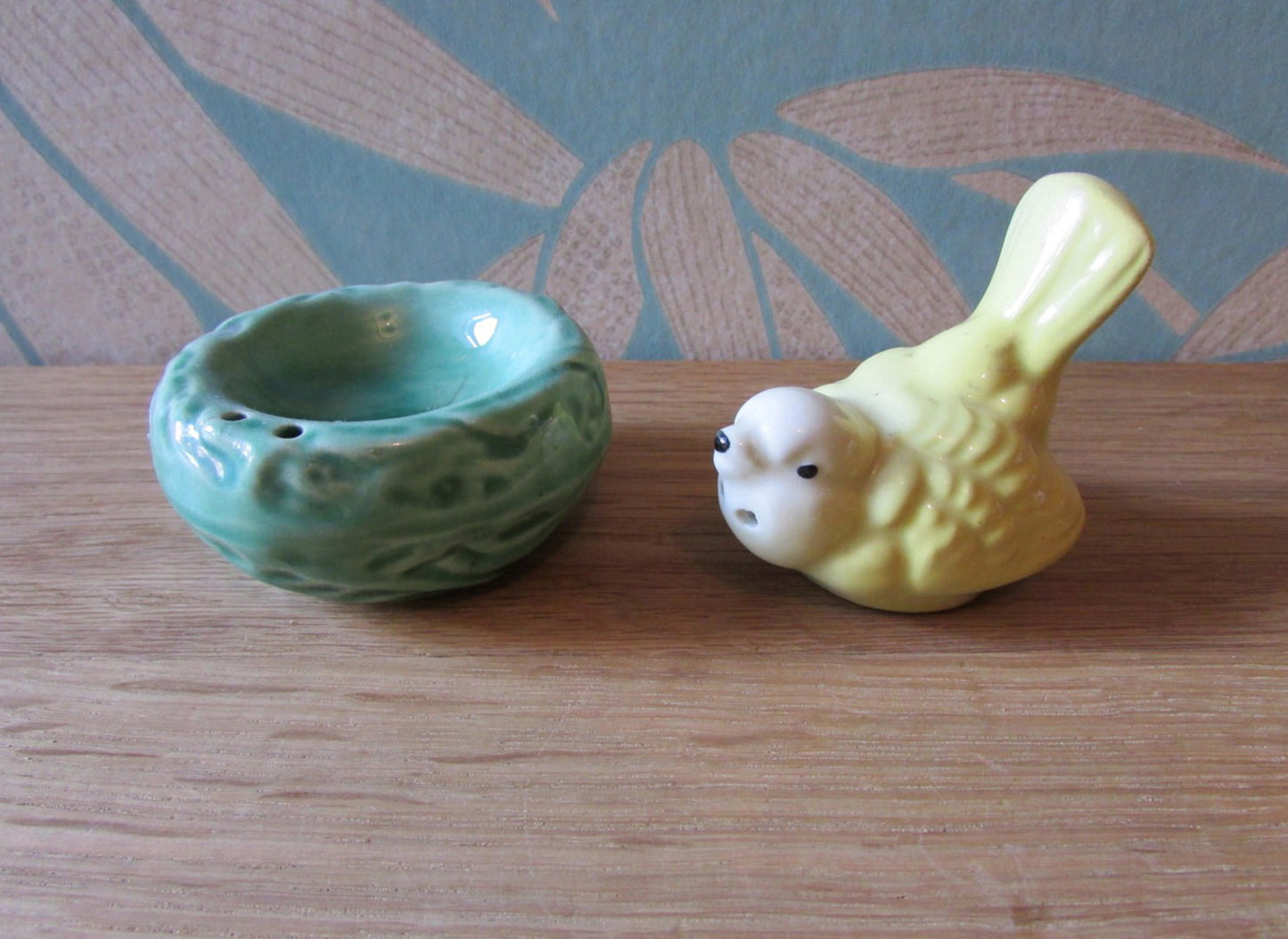 Vintage ceramic yellow bird/chick in nest salt & pepper duo