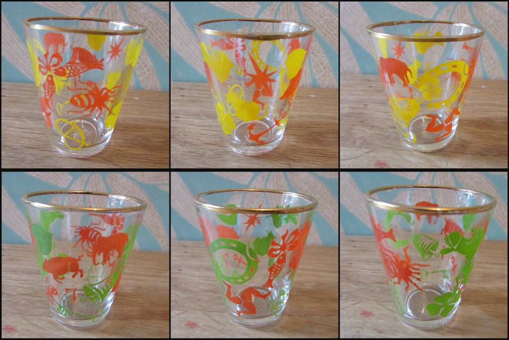 Set of 6 1950s "Lucky Charm" shot glasses/drinking set with 22ct liquid gold rim