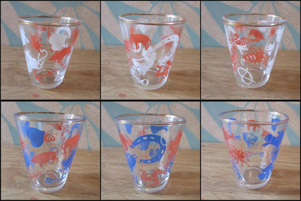 Set of 6 1950s "Lucky Charm" shot glasses/drinking set with 22ct liquid gold rim