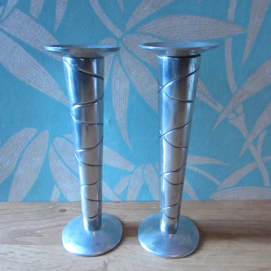 Pair of vintage modernist aluminium etched tall candlestick holders