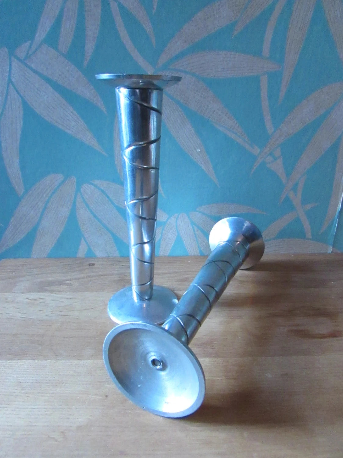 Pair of vintage modernist aluminium etched tall candlestick holders
