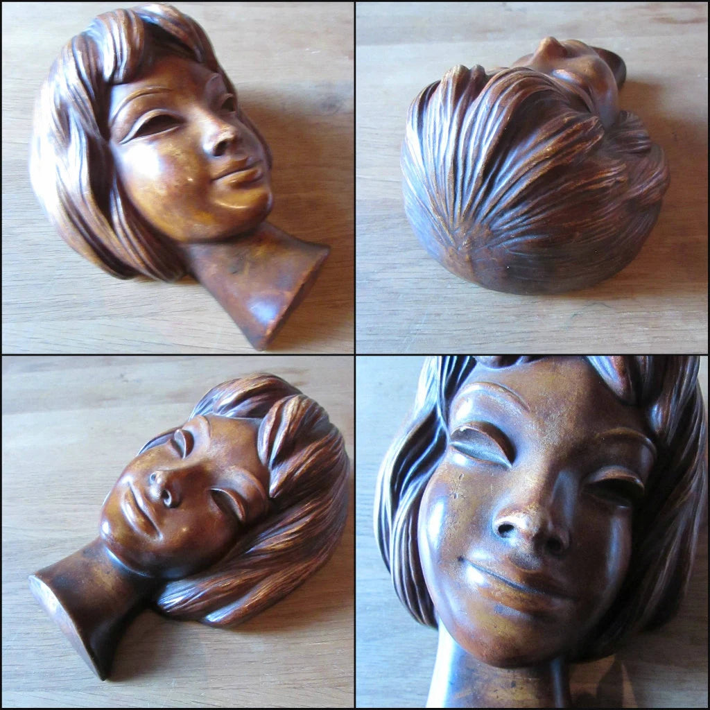 circa. 1960s heavy resin Achatit-style wall mask, smiling girl, made in Germany