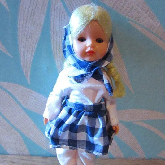 1960s "Noitarumpu Rovaniemi" Finnish celluloid souvenir/folk peasant doll with open/close eyes