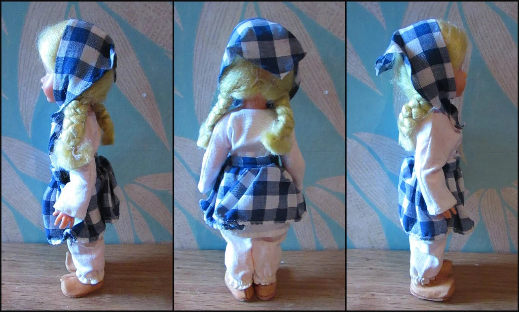 1960s "Noitarumpu Rovaniemi" Finnish celluloid souvenir/folk peasant doll with open/close eyes