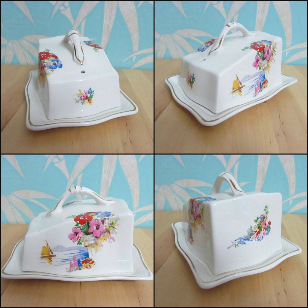 Vintage Arthur Wood china cheese/butter dish, beautiful Tuscany-style scene with flowers & sailing boat