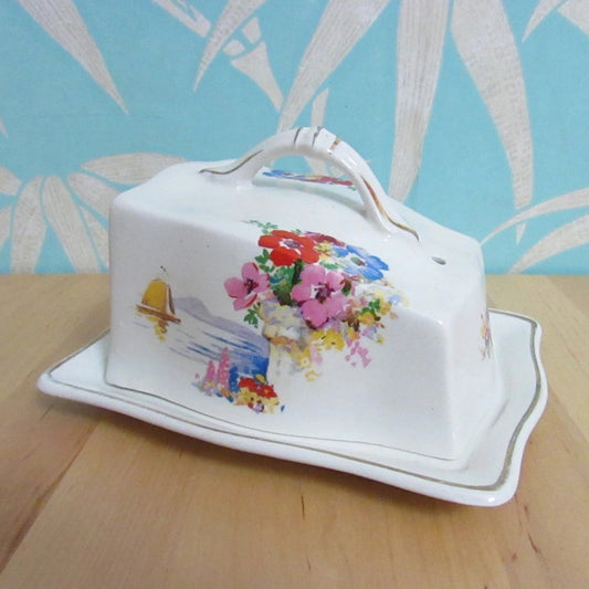 Vintage Arthur Wood china cheese/butter dish, beautiful Tuscany-style scene with flowers & sailing boat