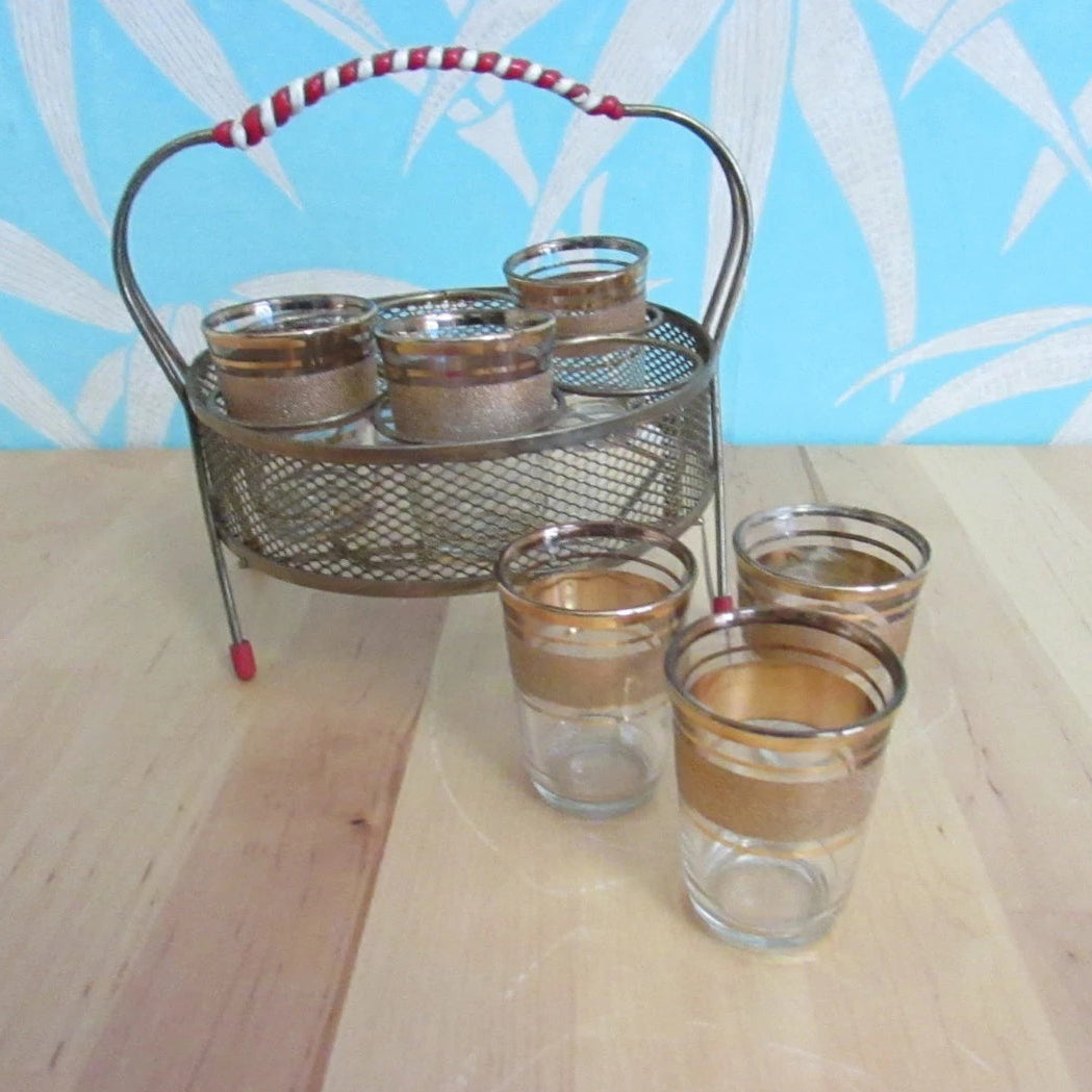 1950s/60s wire shot glass holder with six gold-banded shot glasses