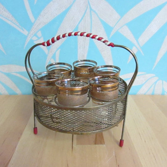 1950s/60s wire shot glass holder with six gold-banded shot glasses