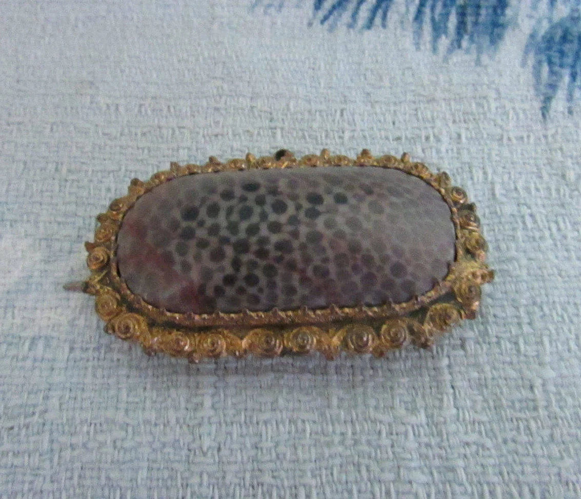 Antique polished coral stone lozenge shaped brooch/pendant in textured gold-tone surround