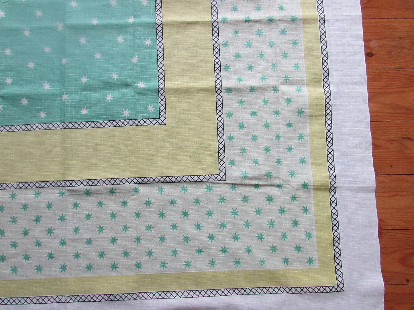 Vintage white, lemon yellow, & peppermint green tablecloth with contrast star motif