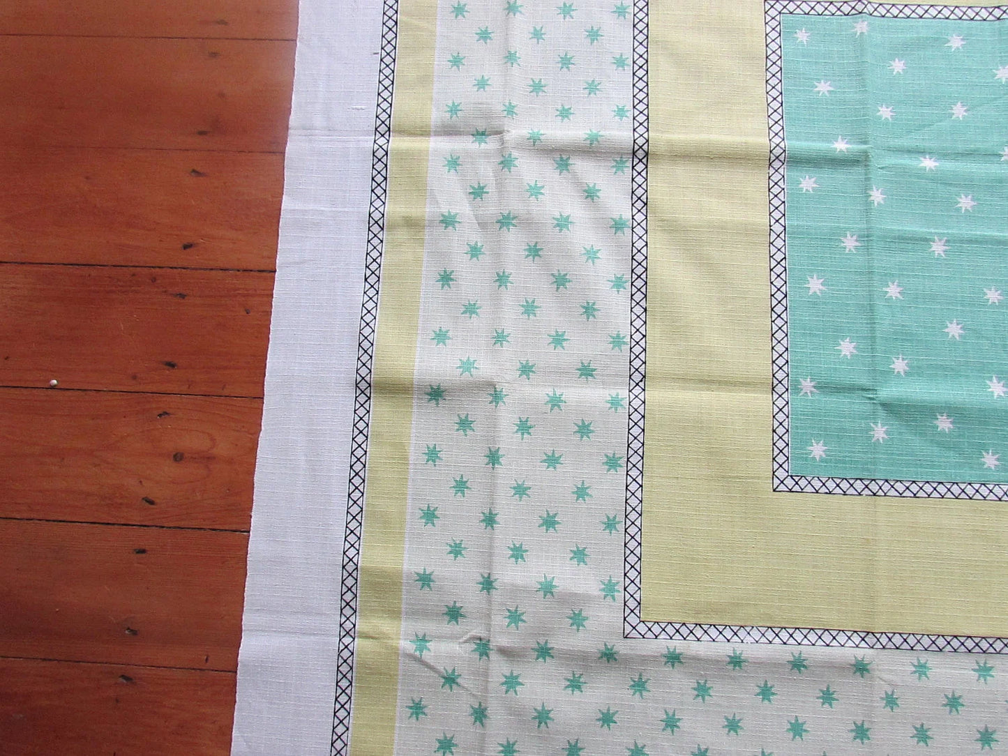 Vintage white, lemon yellow, & peppermint green tablecloth with contrast star motif