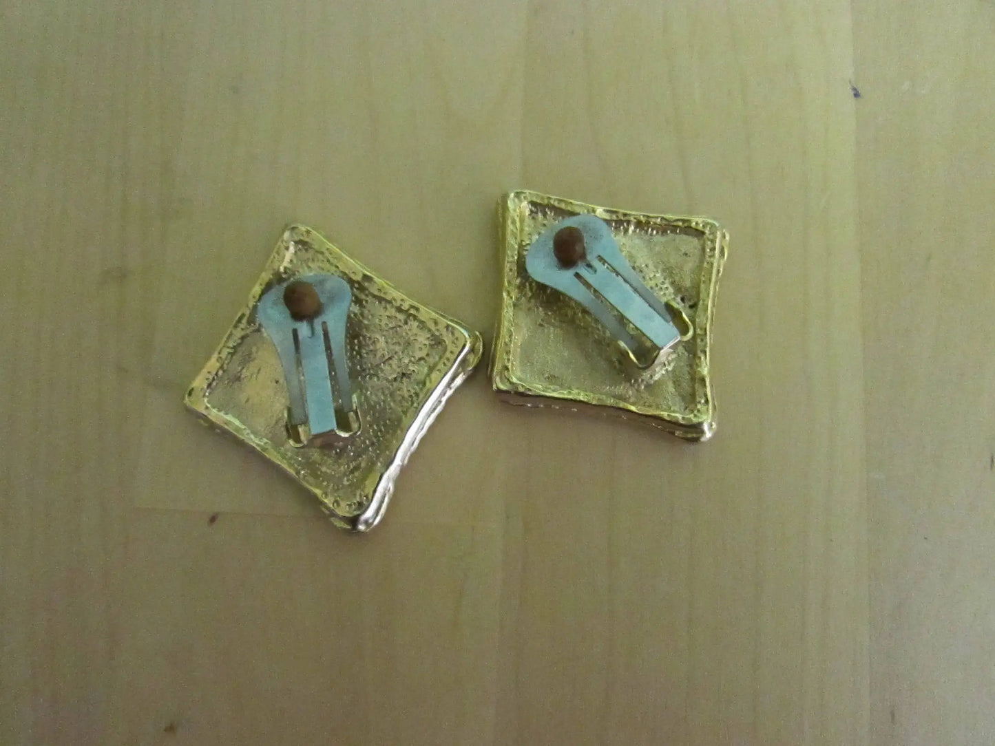 1980s heavy square enamel inlaid coloured spots statement clip-on earrings, gold-tone edgings